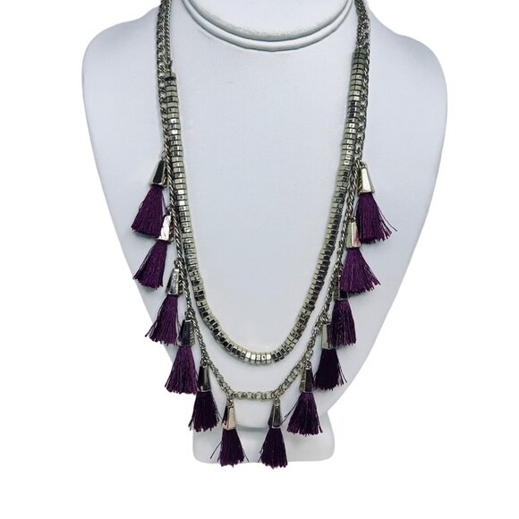 Unbranded Jewelry - Double Strand Gold Tone Curb Chain Statement Necklace With Purple Tassels (5452)